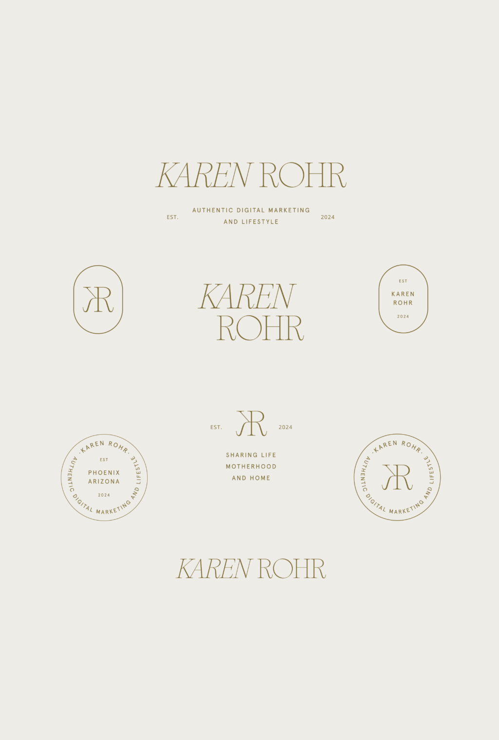 Modern Feminine Branding Design for Karen Rohr featuring a neutral earthy color palette and delicate monogram.