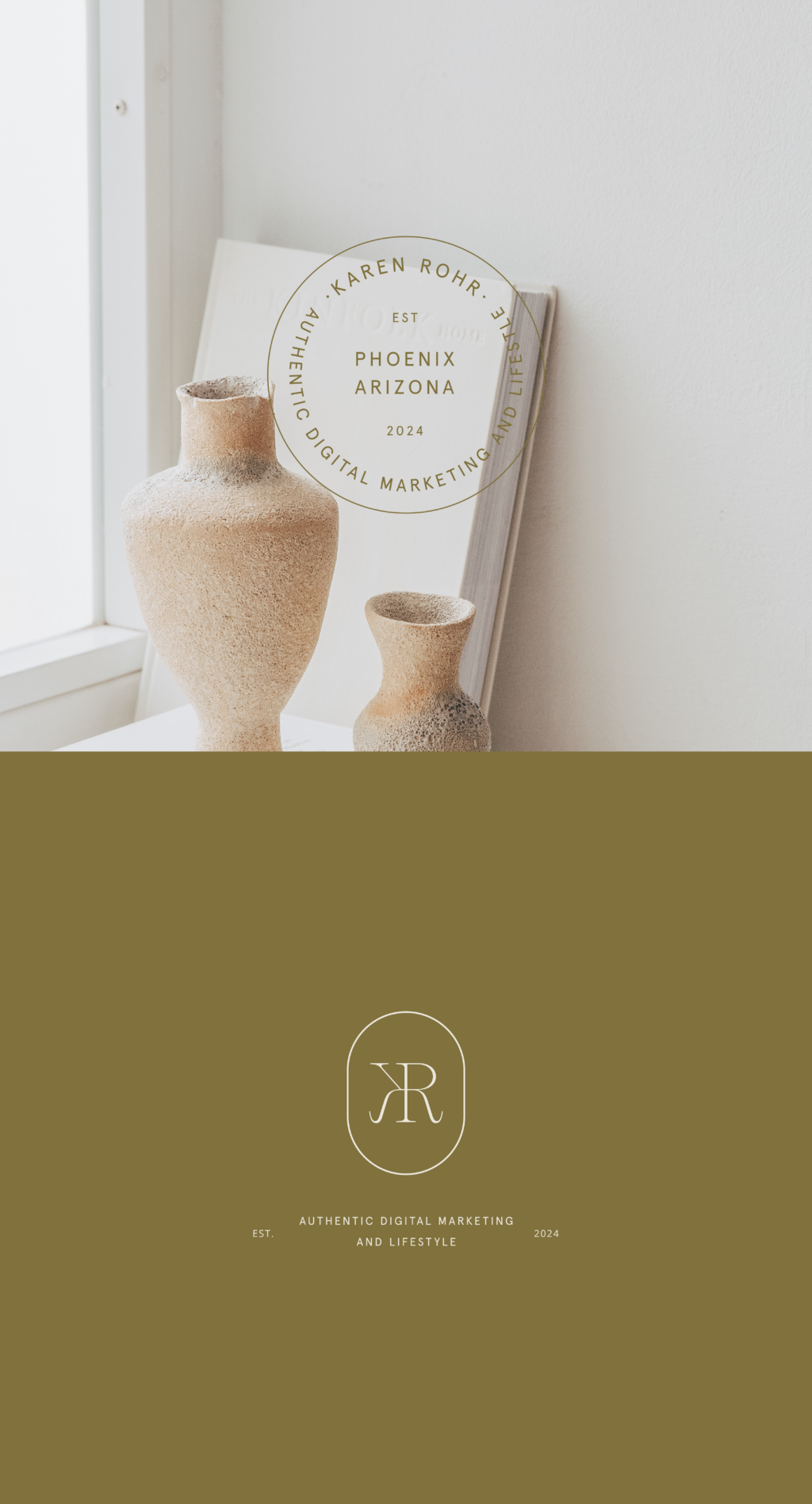 Modern Feminine Branding Design for Karen Rohr featuring a neutral earthy color palette and delicate monogram.