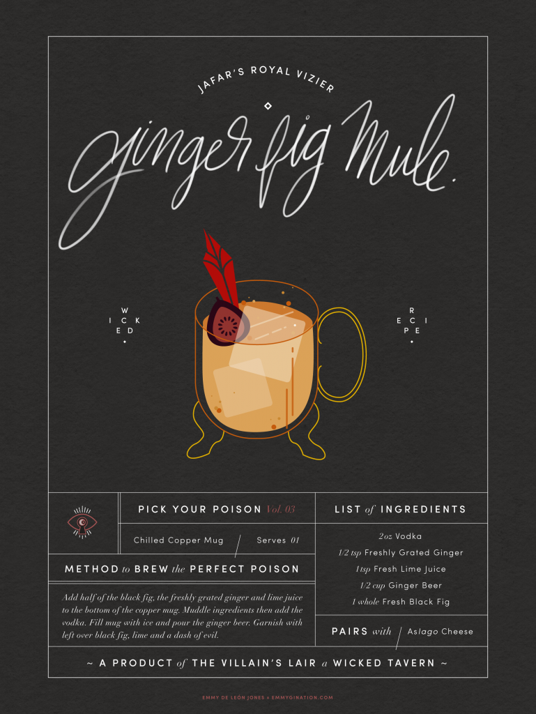 The third installment in the Disney Cocktail series! This time taking inspiration from Aladdin's Jafar in the form of a spicy ginger fig mule.